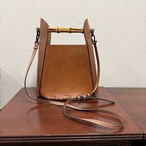 LOEWE Calfskin Bamboo Bucket Bag Brown Calf Leather Satchel Crossbody Purse